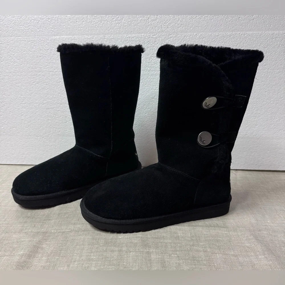 Koolaburra  BY UGG Black Mid-Calf Suede Button Faux-Fur Boots Women